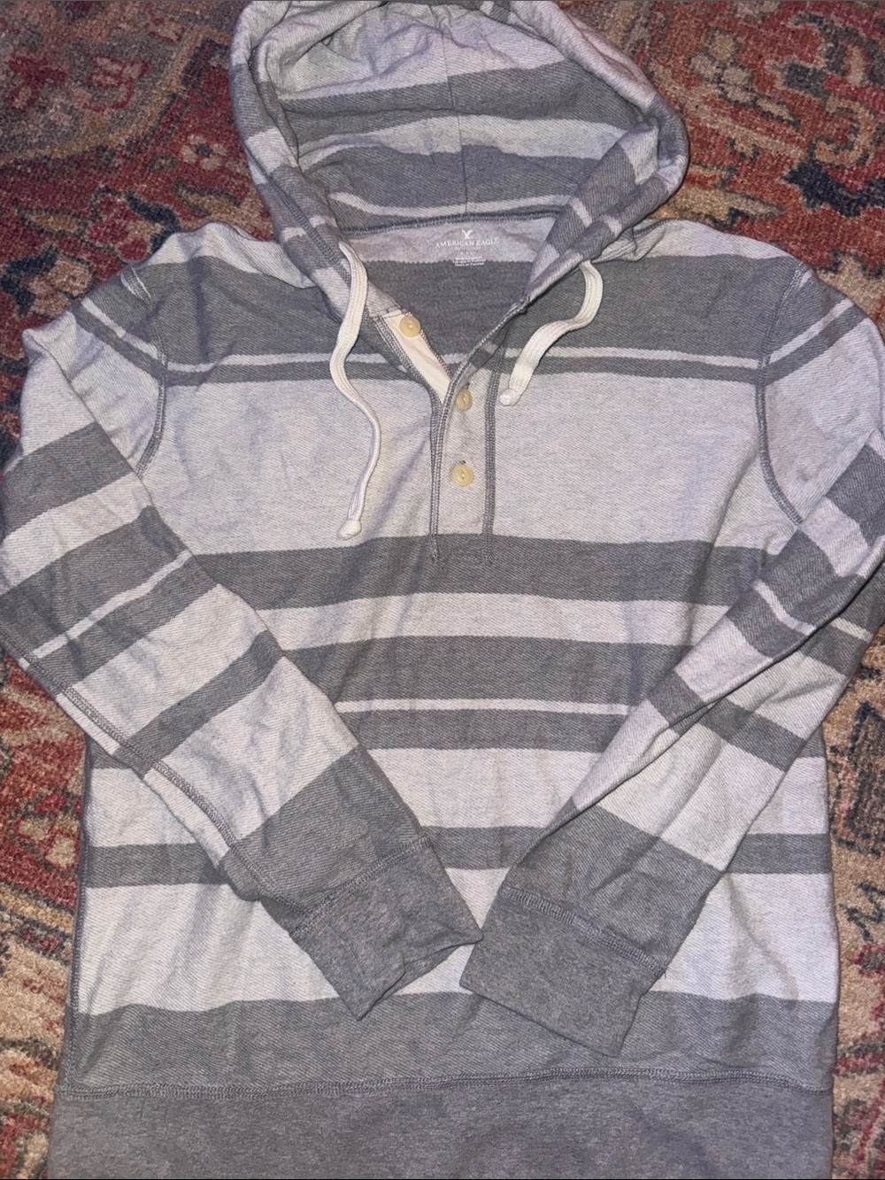 American Eagle Outfitters Gray and Light Gray Striped Hooded Henley